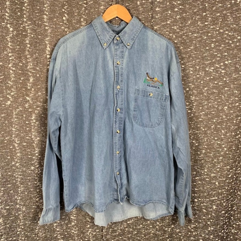 Vintage DHG Alaska Embroidered Eagle Denim Button Down Shirt Outdoor Men's XL
